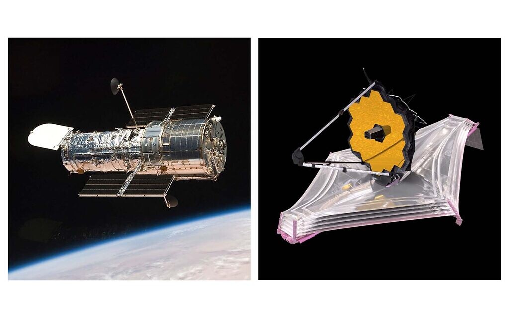 The Hubble Space Telescope, left, orbiting the Earth and an illustration of the James Webb Space Telescope, right. (NASA via AP)