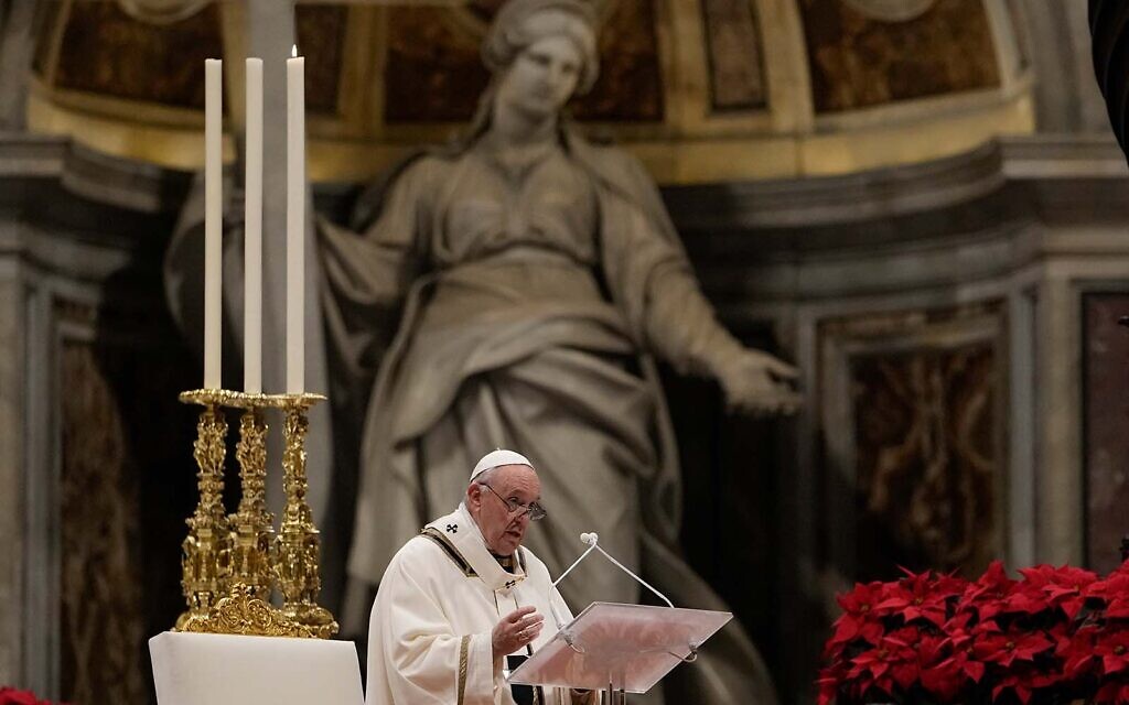Pope Francis celebrates Christmas Eve Mass, at St. Peter's Basilica, at the Vatican, December 24, 2021. (AP Photo/Alessandra Tarantino)
