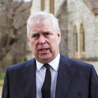 Britain's Prince Andrew at the Royal Chapel of All Saints at Royal Lodge, Windsor, England, on April 11, 2021. (Steve Parsons/Pool Photo via AP, File)