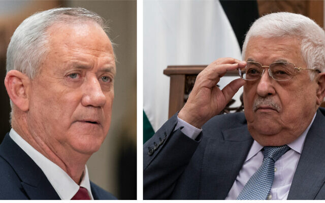 Left: Defense Minister Benny Gantz. (AP Photo/Manuel Balce Ceneta, File); Right: Palestinian Authority President Mahmoud Abbas. (AP Photo/Alex Brandon, Pool, File)