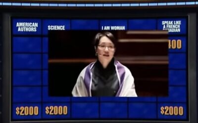 Rabbi Angela Buchdahl's face appeared on millions of TV screens when she was part of a 'Jeopardy!' clue, December 29, 2021. (Screenshot via JTA)