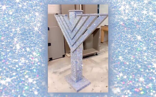 The Liberace-style menorah of Amsterdam in a warehouse during its construction in Amersfoort, the Netherlands, Dec. 3, 2021. (Barry Mehler via JTA)
