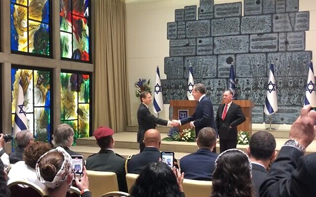 US Ambassador to Israel Tom Nides (right) presents his credentials to President Isaac Herzog in Jerusalem on December 5, 2021. (Lazar Berman)