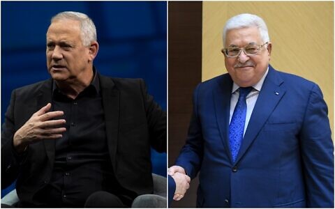 Defense Minister Benny Gantz, left, and Palestinian Authority President Mahmoud Abbas. (AP/Collage)