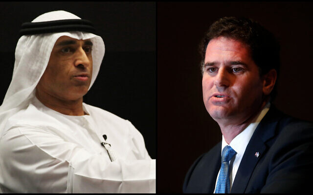 (L-R) UAE Ambassador to the US speaks during an event in Abu Dhabi, United Arab Emirates, January 25, 2018, and his Israeli counterpart Ron Dermer speaks at conference in Detroit, June 4, 2018. (Jon Gambrell; Paul Sancya/AP Photo)