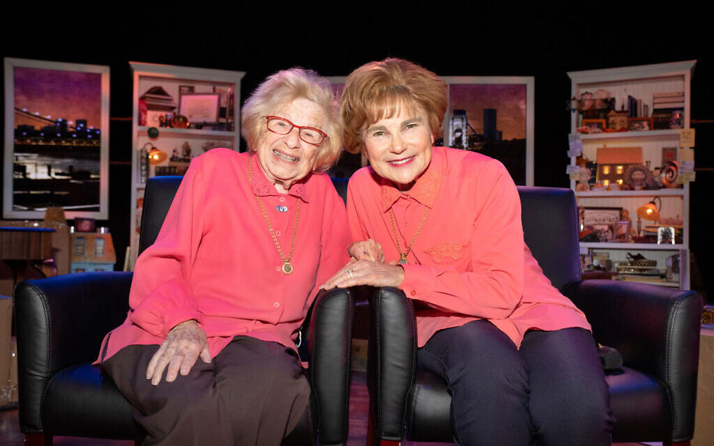 Dr. Ruth Westheimer and Tovah Feldshuh, on the set of ‘Becoming Dr. Ruth,’ at the Museum of Jewish Heritage in  NYC, December 8, 2021 (Courtesy Josh Halpern)