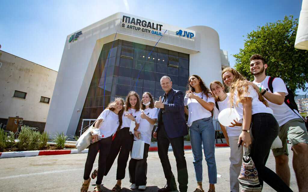 JVP founder Erel Margalit, center launches the food tech innovation center at Margalit Startup City Galil in Kiryat Shmona, in September 2021. (Courtesy)