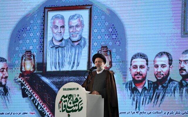 Iranian President Ebrahim Raisi delivers a speech during a ceremony in the capital Tehran, on January 3, 2022, commemorating the second anniversary of the US drone strike in Iraq that killed Iranian commander Qassem Soleimani and Iraqi commander Abu Mahdi al-Muhandis. (Atta Kenare/AFP)