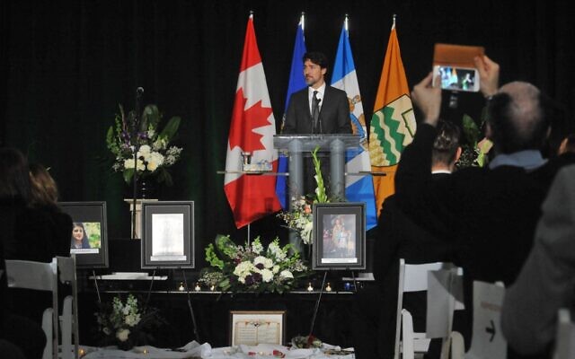 Canadian Prime Minister Justin Trudeau speaks at a memorial service for the victims of the Ukrainian Airlines flight PS752 crash in Iran at the Saville Community Sports Centre in Edmonton, Canada, January 12, 2020. (Walter Tychnowicz / AFP)