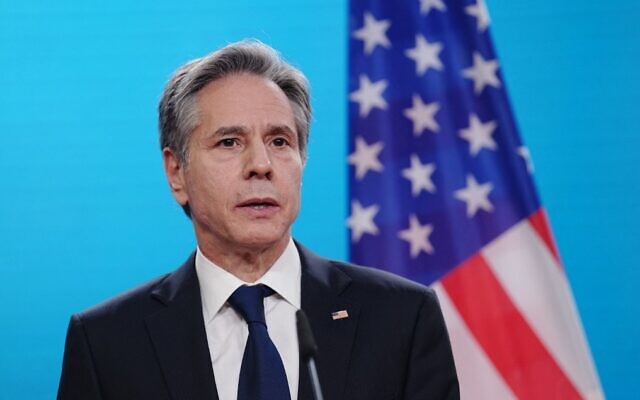 US Secretary of State Antony Blinken addresses a press conference after meeting with his counterparts from Germany, France and Britain at the German Foreign Office in Berlin on January 20, 2022. (Kay Nietfeld/Pool/AFP)