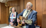 Rabbi Susan Abramson (left) and Cantorial Soloist Ben Silver of Temple Shalom Emeth in Burlington, Massachusetts lead a prerecorded Friday night service on January 7, 2022. (Screenshot from YouTube/ via JTA)