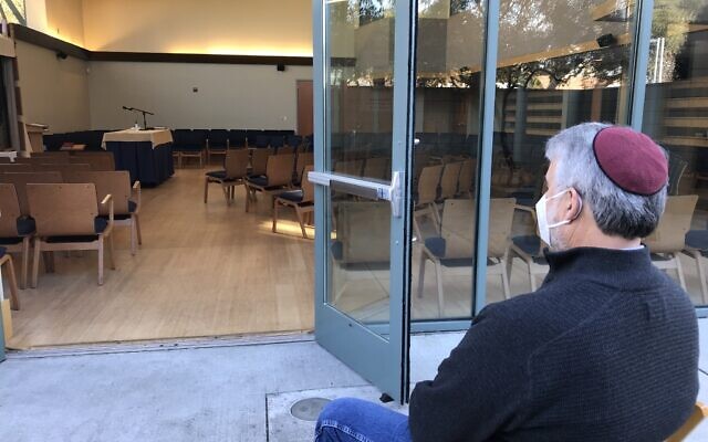 At Congregation Netivot Shalom in Berkeley, California, congregants can sit inside the sanctuary, in an adjacent outdoor space, or attend virtually on Zoom. (Courtesy of Netivot Shalom/ via JTA)