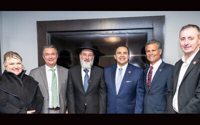 The inauguration of the Congressional Caucus for the Advancement of Torah Values was attended by (left to right) Reps. Kat Cammack (R-FL); Don Bacon (R-NE); Rabbi Dovid Hofstedter; Henry Cuellar (D-TX); Dan Meuser (R-PA); and Brian Fitzpatrick (R-PA) in Washington, DC. (Sruly Saftlas/CNW Group/Dirshu via JTA)