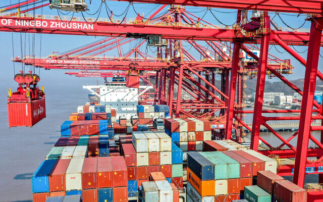 A cargo ship at Ningbo-Zhoushan Port in Zhoushan, in the Zhejiang Province of China, January 19, 2022. (Yao Feng/VCG via Getty Images/JTA)
