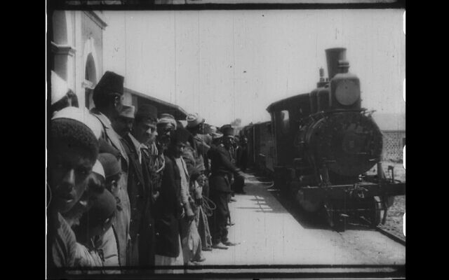 Footage from the Lumière brothers, capturing a train pulling into Jaffa station in 1896, is accessible on the Israel Film Archive website. (Screenshot from Israel Film Archive/via JTA)