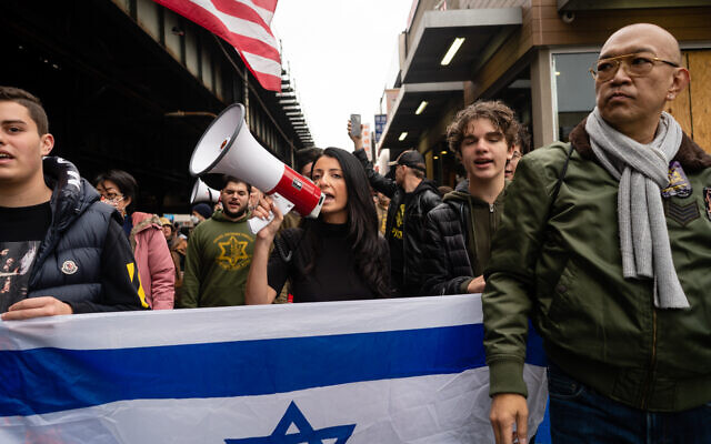 New York City Councilwoman Inna Vernikov leads a protest against antisemitism in Brooklyn, New York, January 2, 2022. (Luke Tress/Times of Israel)