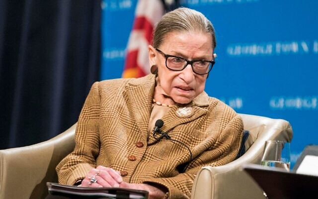 Supreme Court Justice Ruth Bader Ginsburg participates in a discussion at the Georgetown University Law Center in Washington, DC, Feb. 10, 2020. (Sarah Silbiger/Getty Images via JTA)