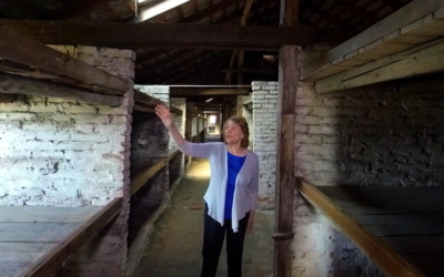 Fritzie Fritzshall at the women's barracks in Auschwitz in a scene from 'A Promise Kept,' one of the films showing at the virtual reality exhibition 'The Journey Back' at the Illinois Holocaust Museum in Chicago. (Courtesy)