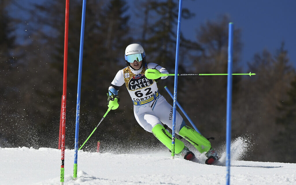 Noa Szollos speeds down the course during the women's slalom, at the alpine ski World Championships in Cortina d'Ampezzo, Italy, Feb. 20, 2021. (AP Photo/Marco Tacca)