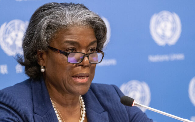US Ambassador to the United Nations, Linda Thomas-Greenfield speaks to reporters during a news conference at United Nations headquarters, March 1, 2021. (Mary Altaffer/AP)