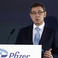 Pfizer CEO Albert Bourla speaks during a ceremony in Thessaloniki, Greece, on Oct. 12, 2021. (Giannis Papanikos/AP)