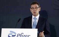 Pfizer CEO Albert Bourla speaks during a ceremony in Thessaloniki, Greece, on Oct. 12, 2021. (Giannis Papanikos/AP)