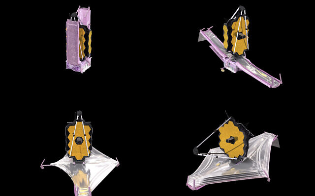 This combination of images from a computer animation made available by NASA in December 2021 depicts the unfolding of the components of the James Webb Space Telescope. Webb is so big that it had to be folded origami-style to fit into the nose cone of the Ariane rocket. (NASA/Goddard Space Flight Center Conceptual Image Lab via AP)