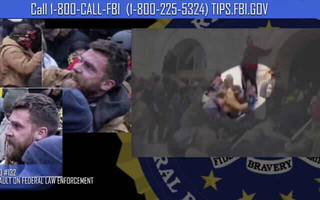 This image from FBI video is seeking information on a suspect in the violence at the US Capitol on Jan. 6, 2021, in Washington. The suspect is among hundreds of people still being sought by the FBI following January’s deadly insurrection. So far, 250 people captured on video assaulting police at the Capitol still haven’t been fully identified and apprehended by the FBI and another 100 are being sought for other crimes tied to the riot. (FBI via AP)