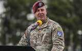 Lt. Gen. Michael "Erik" Kurilla, commander of the XVIII Airborne Corps, gives a speech at the 101st Airborne Division (Air Assault) change of command, March 5, 2021, at the division parade field, Fort Campbell, Kentucky (Spc. Andrea Notter/US Army via AP)