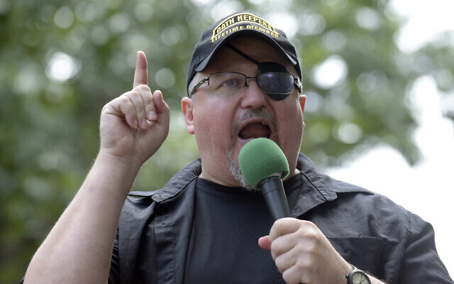 In this file photo from June 25, 2017, Stewart Rhodes, founder of the Oath Keepers, speaks during a rally outside the White House in Washington, DC. (AP Photo/Susan Walsh, File)