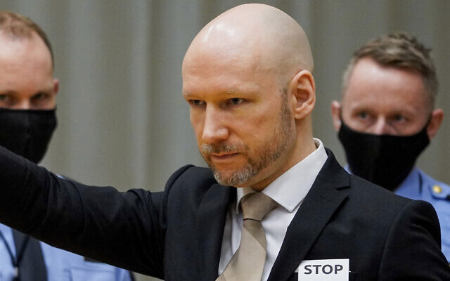 Norwegian mass killer Anders Behring Breivik arrives in court on the first day of a hearing where he is seeking parole, in Skien, Norway, Jan. 18, 2022. (Ole Berg-Rusten/NTB scanpix via AP)
