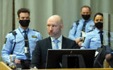 Norwegian mass killer Anders Behring Breivik sits in the makeshift courtroom in Skien prison on the second day of his hearing where he is requesting release on parole, in Skien, Norway, January 19, 2022.  (Ole Berg-Rusten/NTB scanpix via AP)
