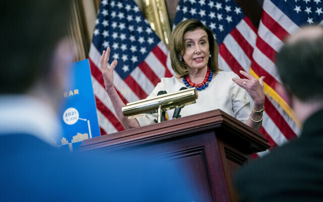 US House Speaker Nancy Pelosi of Calif., speaks during her weekly press conference on Jan. 20, 2022 at the Capitol in Washington. (Shawn Thew/Pool via AP)