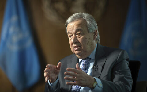 United Nations Secretary-General Antonio Guterres speaks during an interview at the UN Headquarters, on January 20, 2022, in New York. (AP Photo/Robert Bumsted)