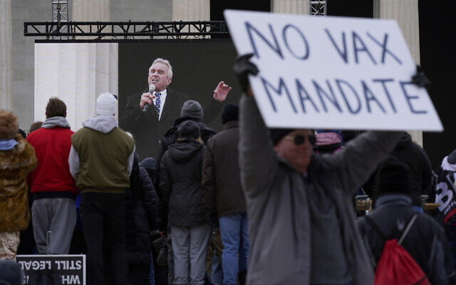 Robert F. Kennedy Jr., is broadcast on a large screen as he speaks during an anti-vaccine rally in front of the Lincoln Memorial in Washington, January 23, 2022. (Patrick Semansky/AP)