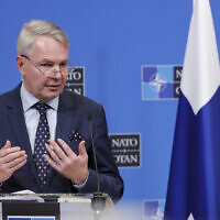 Finland's Foreign Minister Pekka Haavisto speaks during a media conference at NATO headquarters in Brussels, January 24, 2022. (AP Photo/Olivier Matthys)
