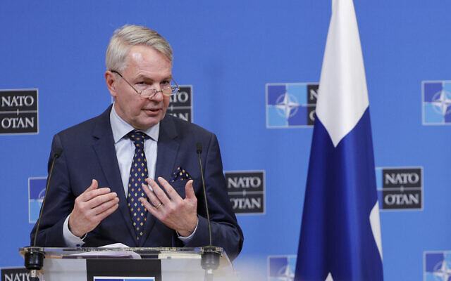 Finland's Foreign Minister Pekka Haavisto speaks during a media conference at NATO headquarters in Brussels, January 24, 2022. (AP Photo/Olivier Matthys)
