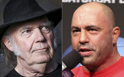 This combination photo shows Neil Young on May 18, 2016, left, and Joe Rogan on Dec. 7, 2012 (AP Photo)