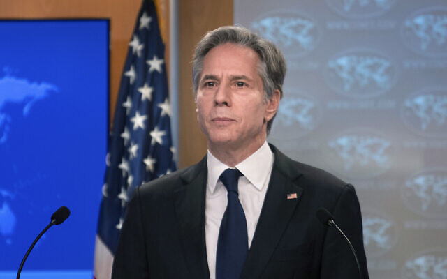 US Secretary of State Antony Blinken speaks about Russia and Ukraine during a briefing at the State Department in Washington, Jan. 26, 2022. (Brendan Smialowski/Pool via AP)