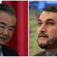 (L) Chinese Foreign Minister Wang Yi during a meeting in Belgrade, Serbia, on October 28, 2021; and (R) Iranian (then-deputy) Foreign Minister Hossein Amirabollahian speaks during a press conference in Moscow, Russia, on August 3, 2012. (AP Photo/Darko Vojinovic; Misha Japaridze)