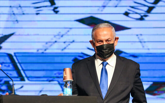 Then-prime minister Benjamin Netanyahu at a Likud Party election event in Safed, March 8, 2021. (David Cohen/Flash90)
