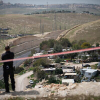 View of the Bedouin village Khan al-Ahmar in the West Bank on March 21, 2021.(Yonatan Sindel/Flash90)