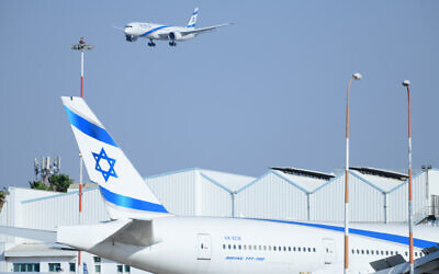 Illustrative: An El Al plane lands at Ben Gurion Airport, on October 13, 2021. (Tomer Neuberg/Flash90)