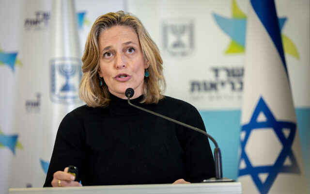 Dr. Sharon Alroy-Preis, head of public health services at the Health Ministry, speaks during a press conference in Jerusalem about new coronavirus restrictions, December 12, 2021. (Yonatan Sindel/Flash90)
