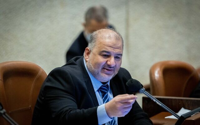 MK Mansour Abbas, leader of the Islamist Ra'am party, speaks during a plenum session in the assembly hall of the Knesset in Jerusalem, on January 5, 2022. (Yonatan Sindel/Flash90)