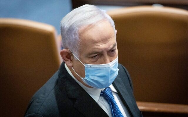 Opposition leader Benjamin Netanyahu at the Knesset on January 5, 2022. (Yonatan Sindel/Flash90)