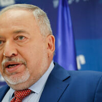 Finance Minister Avigdor Liberman speaks during a Yisrael Beytenu faction meeting at the Knesset, on January 10, 2022. (Olivier Fitoussi/Flash90)
