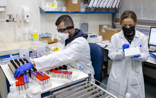 Medical workers conduct tests on PCR samples in Jerusalem on January 10, 2021 (Olivier Fitoussi/Flash90)