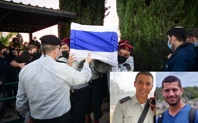The funeral of Maj. Ofek Aharon, who died in a friendly fire incident a night earlier, in the Gan Yavne cemetery, on January 13, 2022. Inset: Undated photographs of Maj. Itamar Elharar (left) and Aharon. (Avshalom Sassoni/Flash90; Israel Defense Forces)