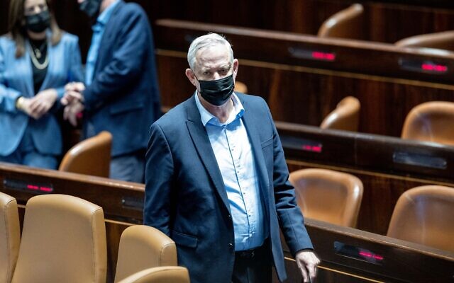 Defense Minister Benny Gantz attends a vote on the ultra-Orthodox draft bill, at the Knesset, on January 17, 2022. (Yonatan Sindel/Flash90)